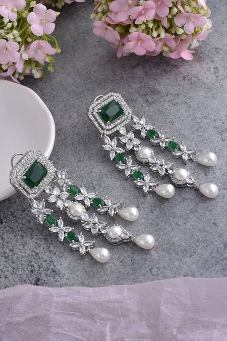 Swabhimann_Green Pearls, Zari Zirconia Embellished Dangler Earrings _Online_at_Aza_Fashions