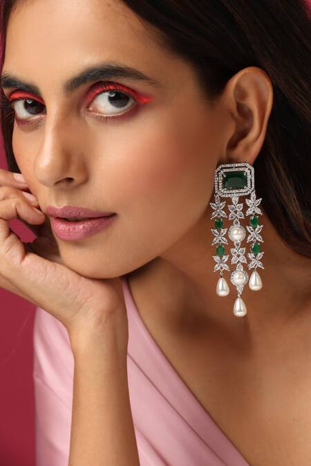Buy_Swabhimann_Green Pearls, Zari Zirconia Embellished Dangler Earrings _Online_at_Aza_Fashions