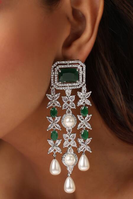 Shop_Swabhimann_Green Pearls, Zari Zirconia Embellished Dangler Earrings _Online_at_Aza_Fashions