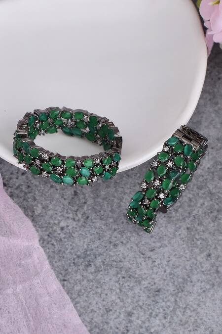 Swabhimann_Green Zari Zirconia Embellished Hoops _Online_at_Aza_Fashions