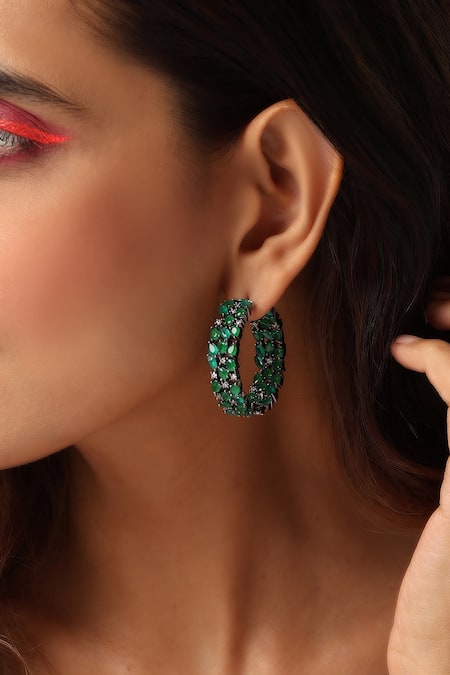 Buy_Swabhimann_Green Zari Zirconia Embellished Hoops _Online_at_Aza_Fashions
