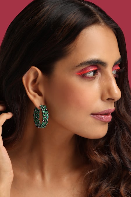 Shop_Swabhimann_Green Zari Zirconia Embellished Hoops _Online_at_Aza_Fashions