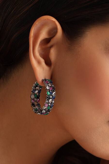 Shop_Swabhimann_Multi Color Zari Zirconia Embellished Hoops _Online_at_Aza_Fashions