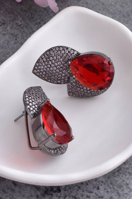 Swabhimann_Red Zari Zirconia Embellished Studs _Online_at_Aza_Fashions