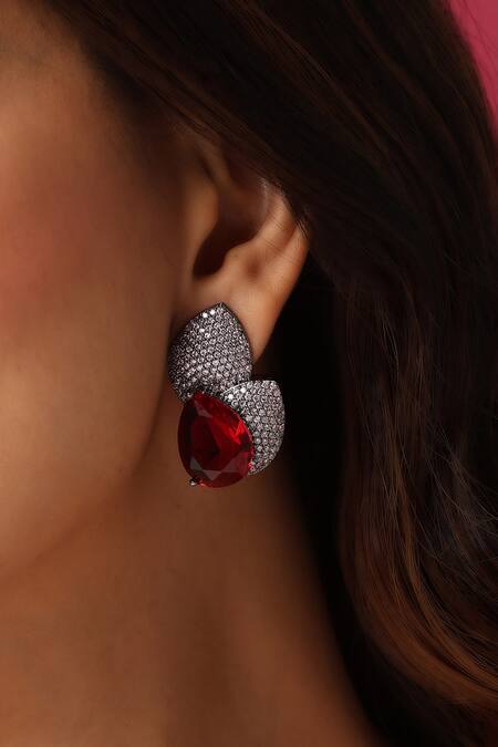 Shop_Swabhimann_Red Zari Zirconia Embellished Studs _Online_at_Aza_Fashions