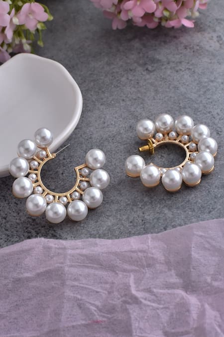 Shop_Swabhimann_White Pearls Embellished Hoops _at_Aza_Fashions