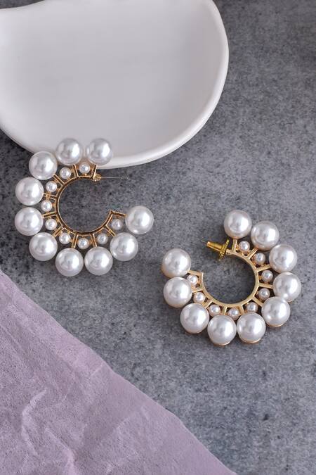 Swabhimann_White Pearls Embellished Hoops _Online_at_Aza_Fashions