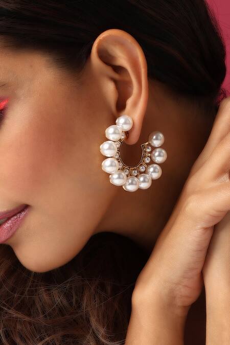 Shop_Swabhimann_White Pearls Embellished Hoops _Online_at_Aza_Fashions
