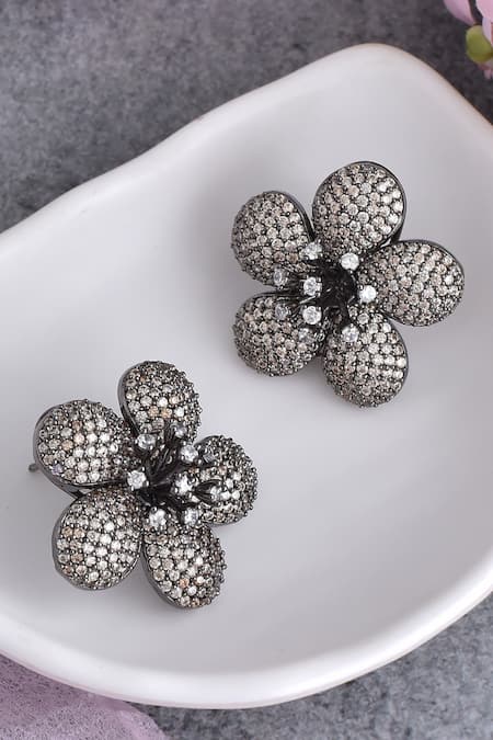 Shop_Swabhimann_Gold Plated Zari Zirconia Embellished Stud Earrings _at_Aza_Fashions