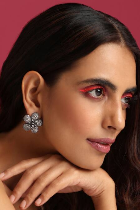 Shop_Swabhimann_Gold Plated Zari Zirconia Embellished Stud Earrings _Online_at_Aza_Fashions