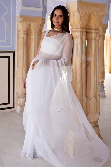 Buy Geroo Jaipur White Chiffon Beads, Embroidery Mukaish Work Saree With Unstitched Blouse Fabric Online at Aza Fashions Buy_Geroo Jaipur_White Chiffon Beads, Embroidery Mukaish Work Saree With Unstitched Blouse Fabric _Online_at_Aza_Fashions