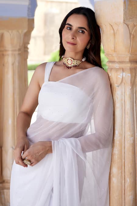 Shop Geroo Jaipur White Chiffon Beads, Embroidery Mukaish Work Saree With Unstitched Blouse Fabric Online at Aza Fashions Shop_Geroo Jaipur_White Chiffon Beads, Embroidery Mukaish Work Saree With Unstitched Blouse Fabric _Online_at_Aza_Fashions