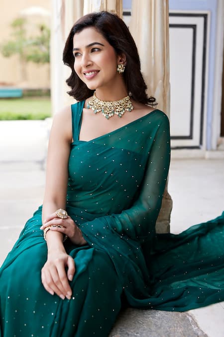 Shop_Geroo Jaipur_Green Chiffon Mukaish Dana Embroidered Saree With Unstitched Blouse Fabric _Online_at_Aza_Fashions