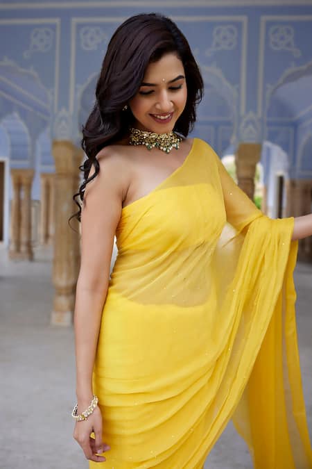 Shop Geroo Jaipur Yellow Chiffon Mirrors Placement Embroidered Saree With Unstitched Blouse Fabric Online at Aza Fashions Shop_Geroo Jaipur_Yellow Chiffon Mirrors Placement Embroidered Saree With Unstitched Blouse Fabric _Online_at_Aza_Fashions