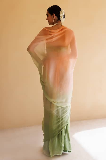 Shop_Geroo Jaipur_Peach Chiffon, Crepe Mirrors Shaded Saree With Unstitched Blouse Fabric _at_Aza_Fashions