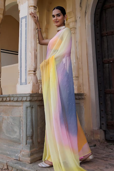 Geroo Jaipur Ombre Embroidered Saree With Unstitched Blouse Fabric 