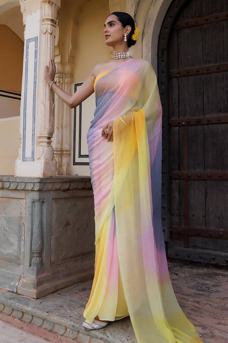 Geroo Jaipur Multi Color Chiffon, Crepe Ombre Embroidered Saree With Unstitched Blouse Fabric Online at Aza Fashions Geroo Jaipur_Multi Color Chiffon, Crepe Ombre Embroidered Saree With Unstitched Blouse Fabric _Online_at_Aza_Fashions