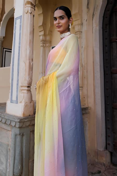 Shop Geroo Jaipur Multi Color Chiffon, Crepe Ombre Embroidered Saree With Unstitched Blouse Fabric Online at Aza Fashions Shop_Geroo Jaipur_Multi Color Chiffon, Crepe Ombre Embroidered Saree With Unstitched Blouse Fabric _Online_at_Aza_Fashions