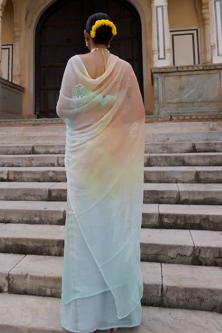 Shop Geroo Jaipur Multi Color Mukaish Jaal Embroidered Saree With Unstitched Blouse Fabric at Aza Fashions Shop_Geroo Jaipur_Multi Color Mukaish Jaal Embroidered Saree With Unstitched Blouse Fabric _at_Aza_Fashions