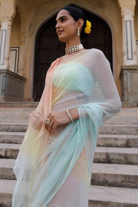 Shop Geroo Jaipur Multi Color Mukaish Jaal Embroidered Saree With Unstitched Blouse Fabric Online at Aza Fashions Shop_Geroo Jaipur_Multi Color Mukaish Jaal Embroidered Saree With Unstitched Blouse Fabric _Online_at_Aza_Fashions