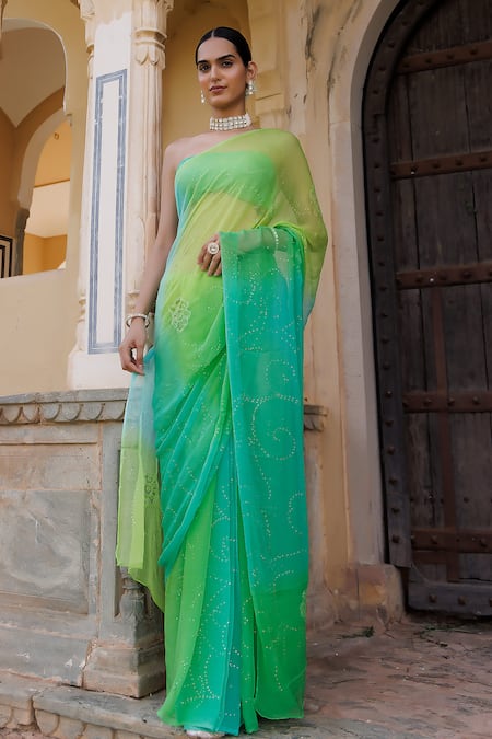 Geroo Jaipur Green Saree Chiffon Embroidery Mukaish Shaded With Unstitched Blouse Fabric 