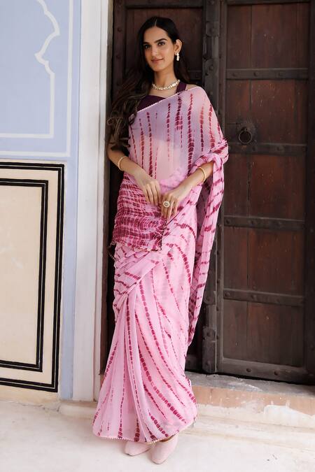 Geroo Jaipur Pink Chiffon, Crepe Shibori Bandhani Saree With Unstitched Blouse Fabric Online at Aza Fashions Geroo Jaipur_Pink Chiffon, Crepe Shibori Bandhani Saree With Unstitched Blouse Fabric_Online_at_Aza_Fashions