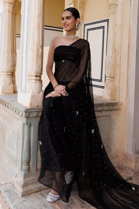 Geroo Jaipur Black Chiffon, Crepe Mirrors Mukaish Work Saree With Unstitched Blouse Fabric at Aza Fashions Geroo Jaipur_Black Chiffon, Crepe Mirrors Mukaish Work Saree With Unstitched Blouse Fabric_at_Aza_Fashions