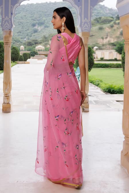 Shop_Geroo Jaipur_Pink Chiffon, Jacquard Hand-painted With Unstitched Blouse _at_Aza_Fashions