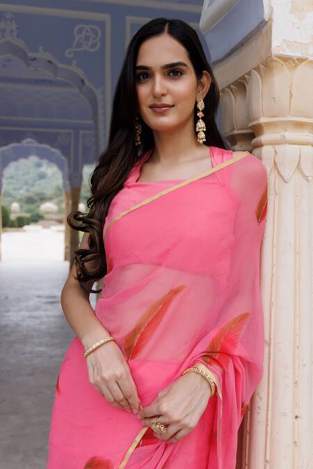 Shop_Geroo Jaipur_Pink Chiffon, Jacquard Shaded Hand-painted Saree With Unstitched Blouse Fabric _Online_at_Aza_Fashions