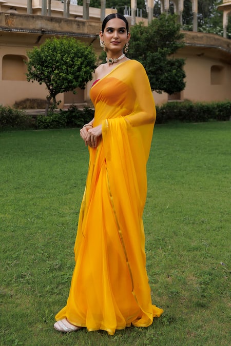 Buy Geroo Jaipur Yellow Chiffon, Jacquard Zari Border Saree With Unstitched Blouse Fabric Online at Aza Fashions Buy_Geroo Jaipur_Yellow Chiffon, Jacquard Zari Border Saree With Unstitched Blouse Fabric _Online_at_Aza_Fashions