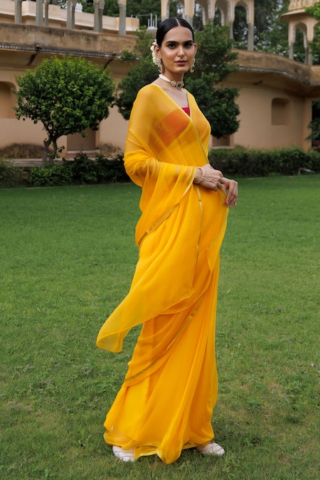 Banarasi Chiffon Saree | Turmeric Yellow with Bright Pink Border | Sil –  ShopNayaStore