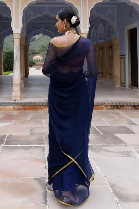 Shop_Geroo Jaipur_Blue Chiffon, Jacquard Zari Work Saree With Unstitched Blouse Fabric _at_Aza_Fashions
