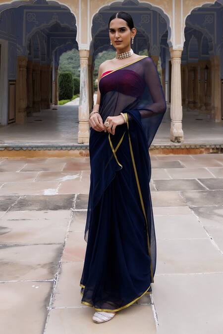 Geroo Jaipur_Blue Chiffon, Jacquard Zari Work Saree With Unstitched Blouse Fabric _Online_at_Aza_Fashions