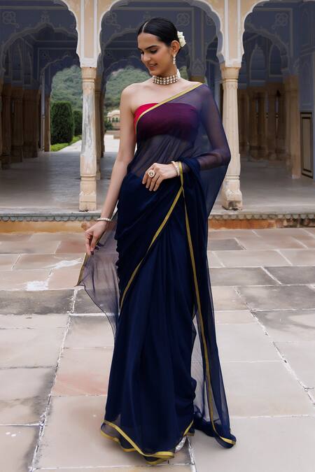 Buy_Geroo Jaipur_Blue Chiffon, Jacquard Zari Work Saree With Unstitched Blouse Fabric _Online_at_Aza_Fashions