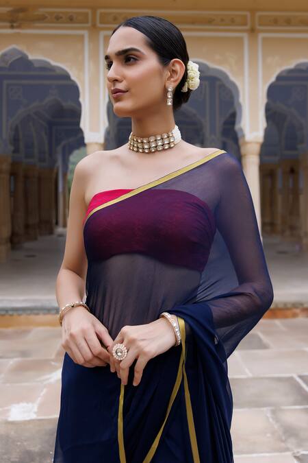 Shop_Geroo Jaipur_Blue Chiffon, Jacquard Zari Work Saree With Unstitched Blouse Fabric _Online_at_Aza_Fashions