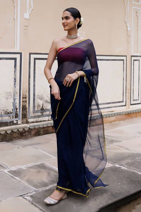 Geroo Jaipur_Blue Chiffon, Jacquard Zari Work Saree With Unstitched Blouse Fabric _at_Aza_Fashions