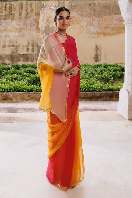 Buy Orange, Yellow Saree With Blouse by Designer Medha Online at Ogaan.com