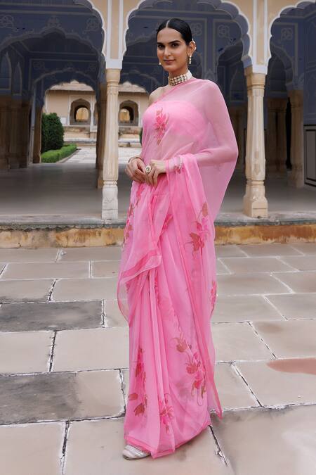 Geroo Jaipur Pink Chiffon, Jacquard Hand-painted Saree With Unstitched Blouse Fabric Online at Aza Fashions Geroo Jaipur_Pink Chiffon, Jacquard Hand-painted Saree With Unstitched Blouse Fabric _Online_at_Aza_Fashions