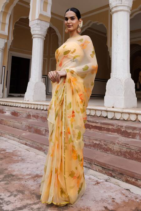 Buy Geroo Jaipur Yellow Chiffon, Jacquard Floral Hand Painted Saree With Unstitched Blouse Fabric Online at Aza Fashions Buy_Geroo Jaipur_Yellow Chiffon, Jacquard Floral Hand Painted Saree With Unstitched Blouse Fabric _Online_at_Aza_Fashions