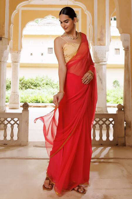 Pastel Pink Plain Saree With Antique Gold Border(Blouse not included) -