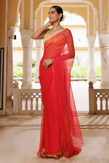 Shop Geroo Jaipur Pink Chiffon, Jacquard Zari Plain Border Saree With Unstitched Blouse Fabric Online at Aza Fashions Shop_Geroo Jaipur_Pink Chiffon, Jacquard Zari Plain Border Saree With Unstitched Blouse Fabric _Online_at_Aza_Fashions