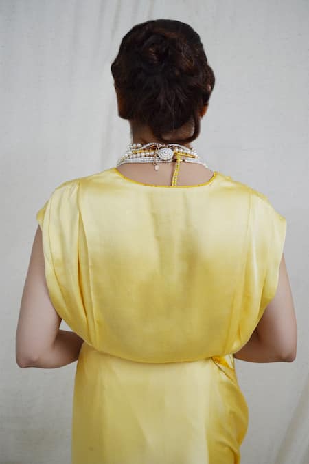 Shop Ahmev Yellow Modal, Silk Plunge Neck Alluring Shoulder Pleated Blouse at Aza Fashions Shop_Ahmev_Yellow Modal, Silk Plunge Neck Alluring Shoulder Pleated Blouse _at_Aza_Fashions