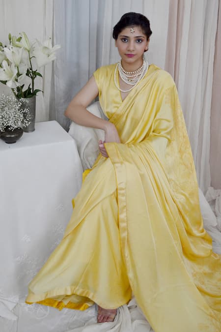 Ahmev Yellow Modal, Silk Plunge Neck Alluring Shoulder Pleated Blouse Online at Aza Fashions Ahmev_Yellow Modal, Silk Plunge Neck Alluring Shoulder Pleated Blouse _Online_at_Aza_Fashions