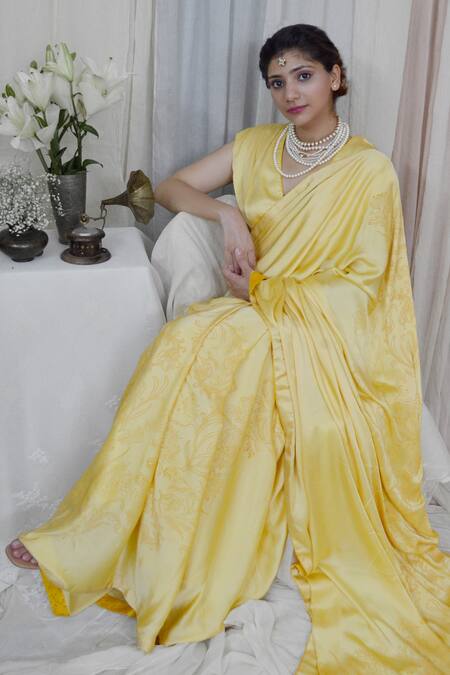 Buy Ahmev Yellow Modal, Silk Plunge Neck Alluring Shoulder Pleated Blouse Online at Aza Fashions Buy_Ahmev_Yellow Modal, Silk Plunge Neck Alluring Shoulder Pleated Blouse _Online_at_Aza_Fashions