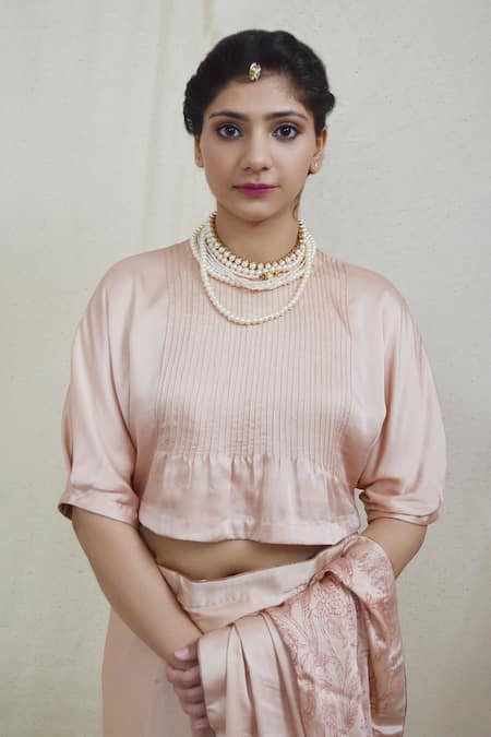 Ahmev Peach Modal, Silk Round Neck Radiant Pintuck Blouse 