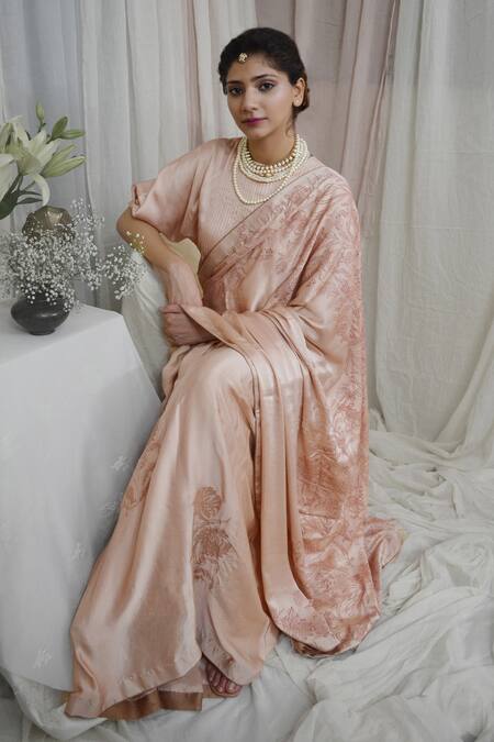 Ahmev Peach Modal, Silk Round Neck Radiant Pintuck Blouse Online at Aza Fashions Ahmev_Peach Modal, Silk Round Neck Radiant Pintuck Blouse _Online_at_Aza_Fashions