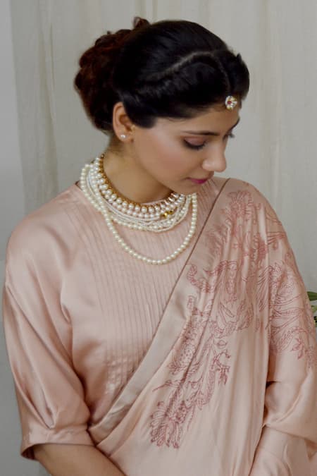 Buy Ahmev Peach Modal, Silk Round Neck Radiant Pintuck Blouse Online at Aza Fashions Buy_Ahmev_Peach Modal, Silk Round Neck Radiant Pintuck Blouse _Online_at_Aza_Fashions