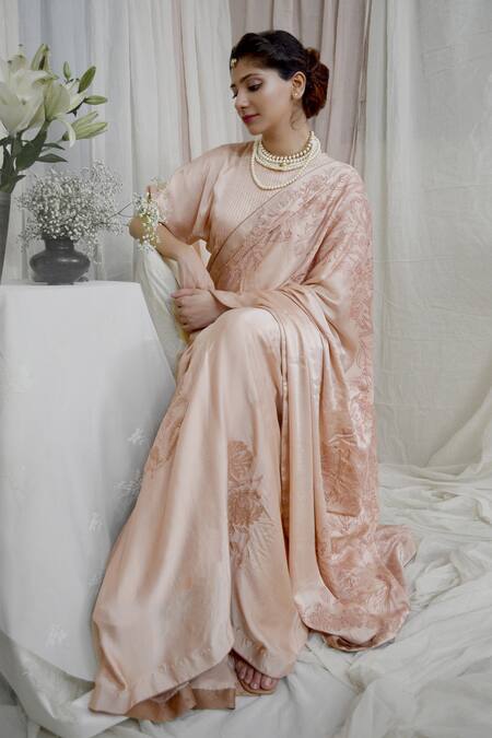 Shop Ahmev Peach Modal, Silk Round Neck Radiant Pintuck Blouse Online at Aza Fashions Shop_Ahmev_Peach Modal, Silk Round Neck Radiant Pintuck Blouse _Online_at_Aza_Fashions