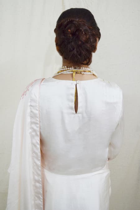 Shop Ahmev Ivory Modal, Silk Round Neck Ethereal Shoulder Sleeve Pleated Blouse at Aza Fashions Shop_Ahmev_Ivory Modal, Silk Round Neck Ethereal Shoulder Sleeve Pleated Blouse _at_Aza_Fashions