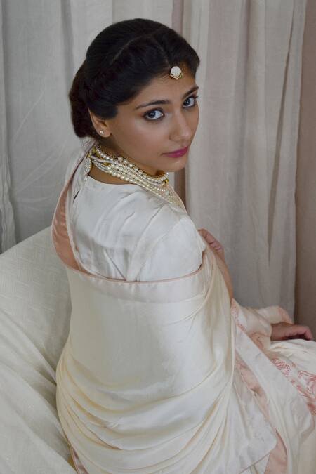 Buy Ahmev Ivory Modal, Silk Round Neck Ethereal Shoulder Sleeve Pleated Blouse Online at Aza Fashions Buy_Ahmev_Ivory Modal, Silk Round Neck Ethereal Shoulder Sleeve Pleated Blouse _Online_at_Aza_Fashions